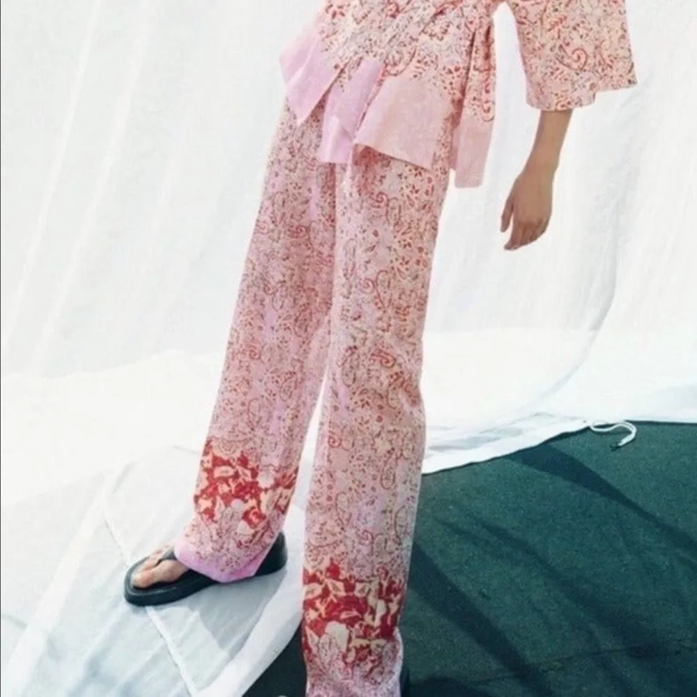 Zara Linen Blend Pants High Waist Wide Leg Pants Pink Paisley Women’s Size Small